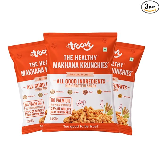 Troovy Healthy Makhana Krunchies (Pack of 3)| Natural Ingredients, Made with Makhana, Jowar, Chana Dal, Soy Protein, Ragi & Quinoa | Baked Snacks | 70gm x 3