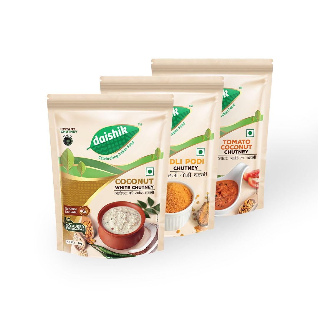 Daishik - Chutney Combo Pack (Pack of 3 – 80Gms each) – White Coconut Chutney | Tomato Coconut Chutney | Idli Podi | | Instant &Dry Chutney| Delicious & Ready-to-Eat | No Onion, No Garlic | No Preservatives or Additives|No Artificial Colors
