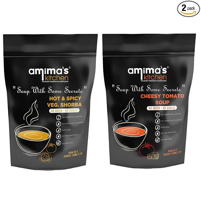 Amima's Kitchen Combo Of Hot & Spicy Veg. Shorba + Cheesy Tomato Jain Soup (No Onion No Garlic) - 100 Grams (Pack of 2) | Instant Soup Mix Powder | Ready To Cook | No Artificial Flavour & Colour | Gluten Free | Non GMO | Healthy Soup