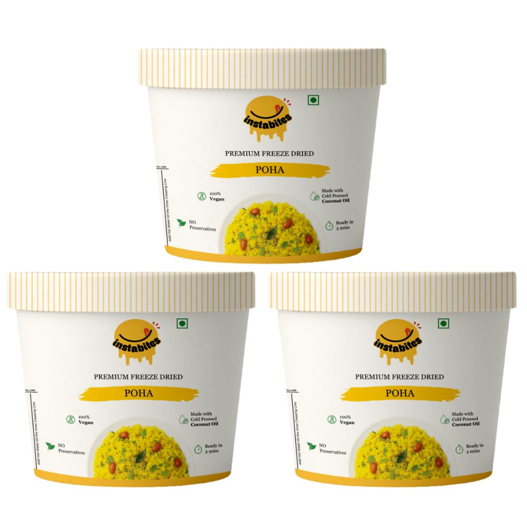Instabites Ready to Eat Vegan Poha 75g – Light & Healthy Indian Breakfast – No Added Preservatives and Ready to Eat in Minutes - Pack 3
