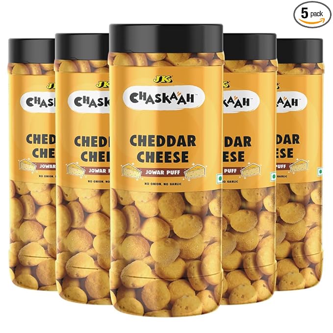 Chaskaah Cheddar Cheese Jowar Puff, 375g (Pack of 5) | Vegan| Gluten Free| Dry Roasted|MSG Free| Low Cholestrol| Rich in Calcium|Gourmet| Puffed Snacks| Jain