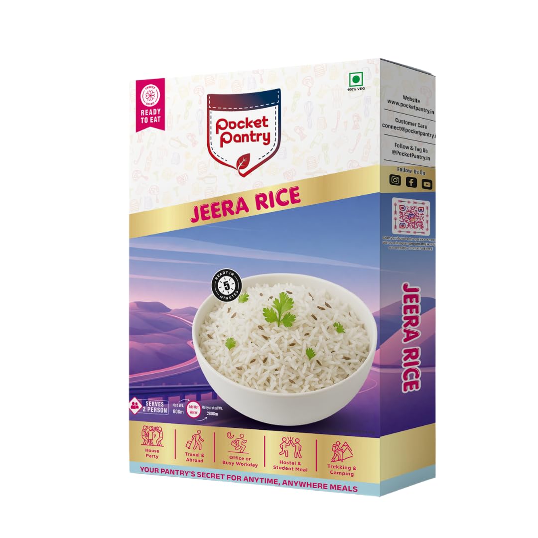 Pocket Pantry Ready to Eat Jeera Rice (Jain) | Freeze Dried |Rehydrated Wt 220gm | No Palm Oil, No Preservatives | 100% Natural | Dry Wt 80g | Serves 2 |Instant Meal