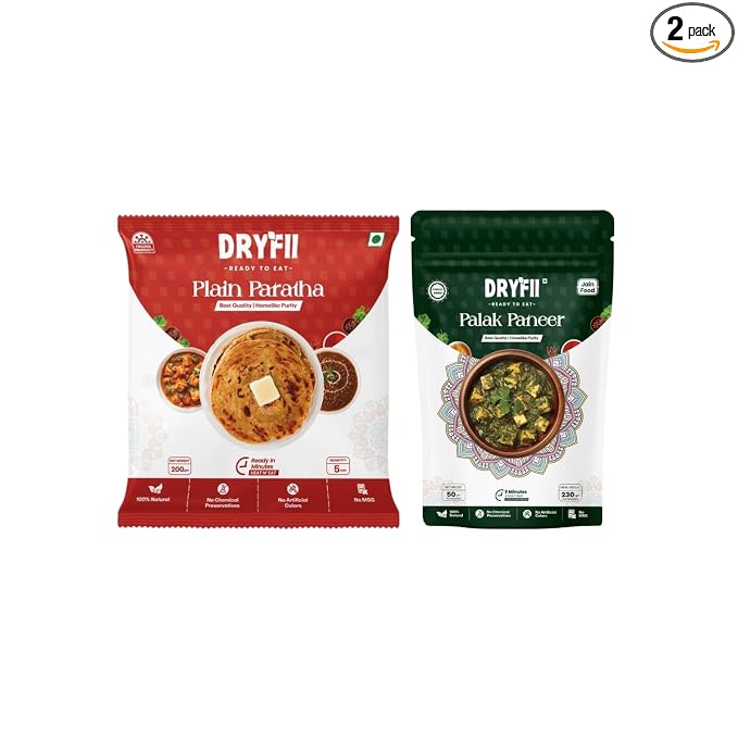 Dryfii Ready to Eat Plain Paratha (5 Pieces, 1 Pack) & Jain Palak Paneer Combo | Freeze Dried | Protein Rich Meal | No Onion No Garlic
