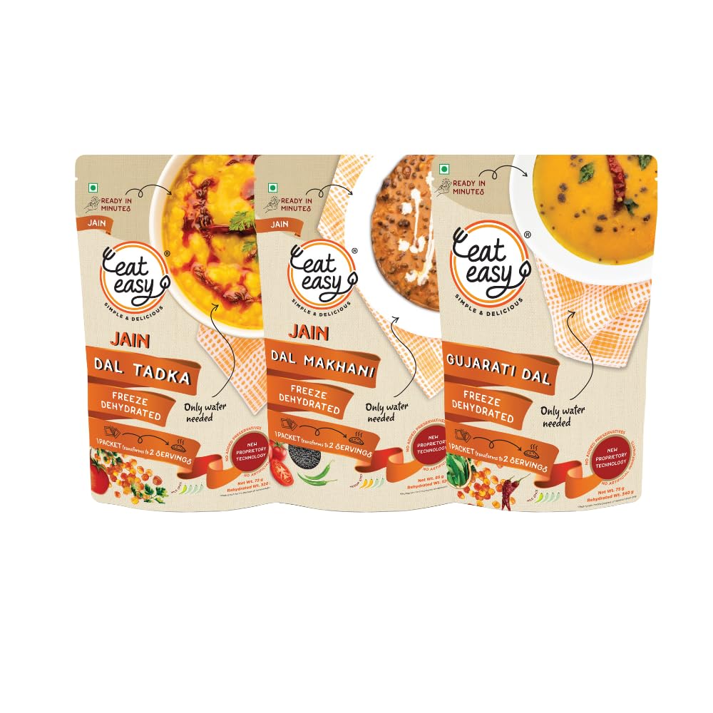 Eat Easy Ready To Eat Jain Dal Combo of 3- Dal Makhani, Dal Tadka, Gujarati Dal | Just Add Water and Cook | Delicious Instant Food | High Protein & Fiber, Freeze Dehydrated Healthy Instant Travel, Camping, Trekking, Hostel Food