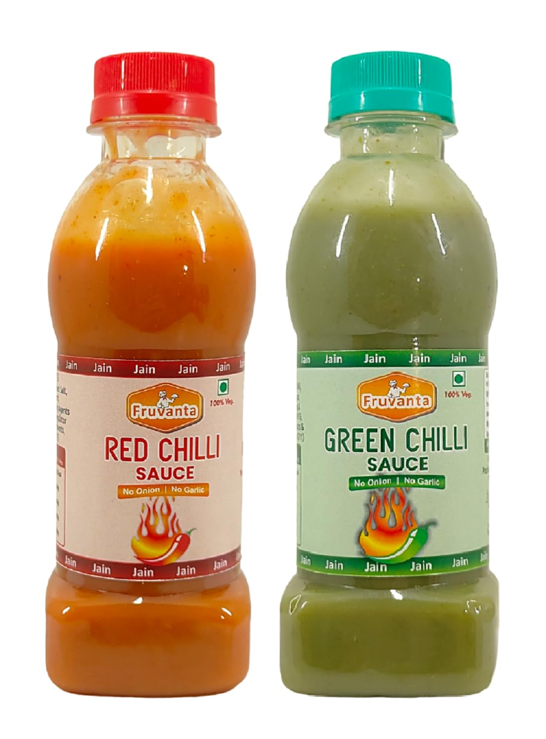 Fruvanta Jain Combo Without Onion/garlic/Potato, green Chilli Sauce (200gm), Red Chilli Sauce (200gm) and vinegar (200gm) (Pack of 3)