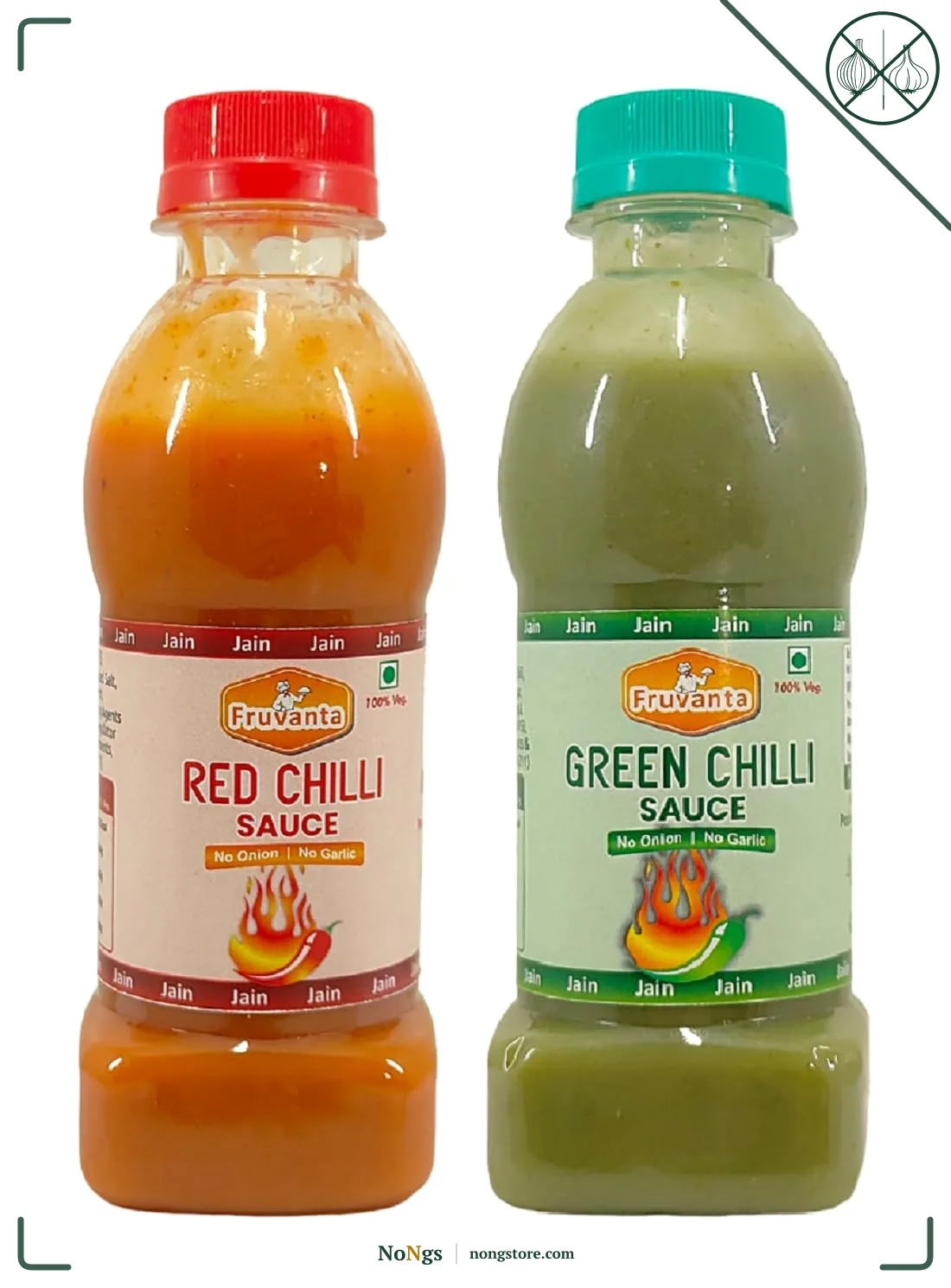 Fruvanta Jain Combo Without Onion/garlic/Potato, green Chilli Sauce (200gm), Red Chilli Sauce (200gm) and vinegar (200gm) (Pack of 3)