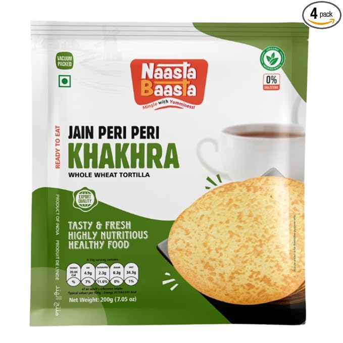 Naasta Baasta Jain Peri Peri Khakhra - Spicy, Crispy, Vegan, Healthy Snack, Indian Flatbread, Bold Flavor - 200g, Pack of 4