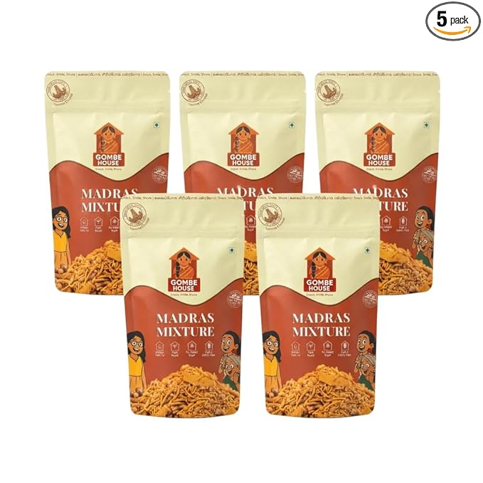 Gombe House Madras Mixture 120g Each (Pack of 5, 600g Total) Authentic South Indian Namkeen Crispy Crunchy Tea Time Snack No Palm Oil No Preservatives Vegan Traditional Homemade Taste
