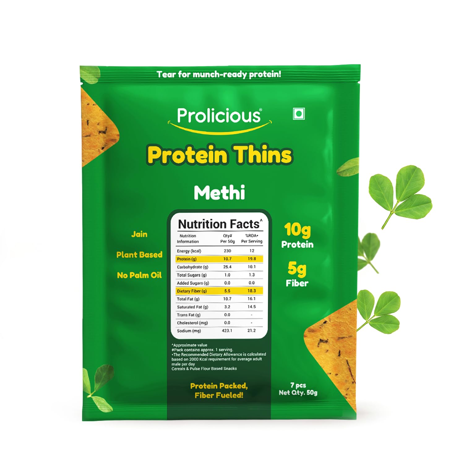 Prolicious Thins Methi High Protein Chips | Upgrade Your Snacking | 10g Protein + 5g Fibre | Same Crunch, Snack Smarter | Plant Based, Jain | No Palm Oil | 50g