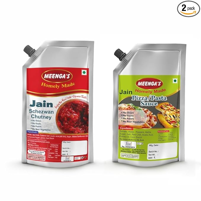 MEENGA’S Jain Schezwan Chutney & Jain Pizza Pasta Sauce Combo – 250g Each | No Onion No Garlic | 100% Veg | Ready-to-Eat Indo-Chinese & Italian Sauces for Momos, Noodles, Pasta & Snacks