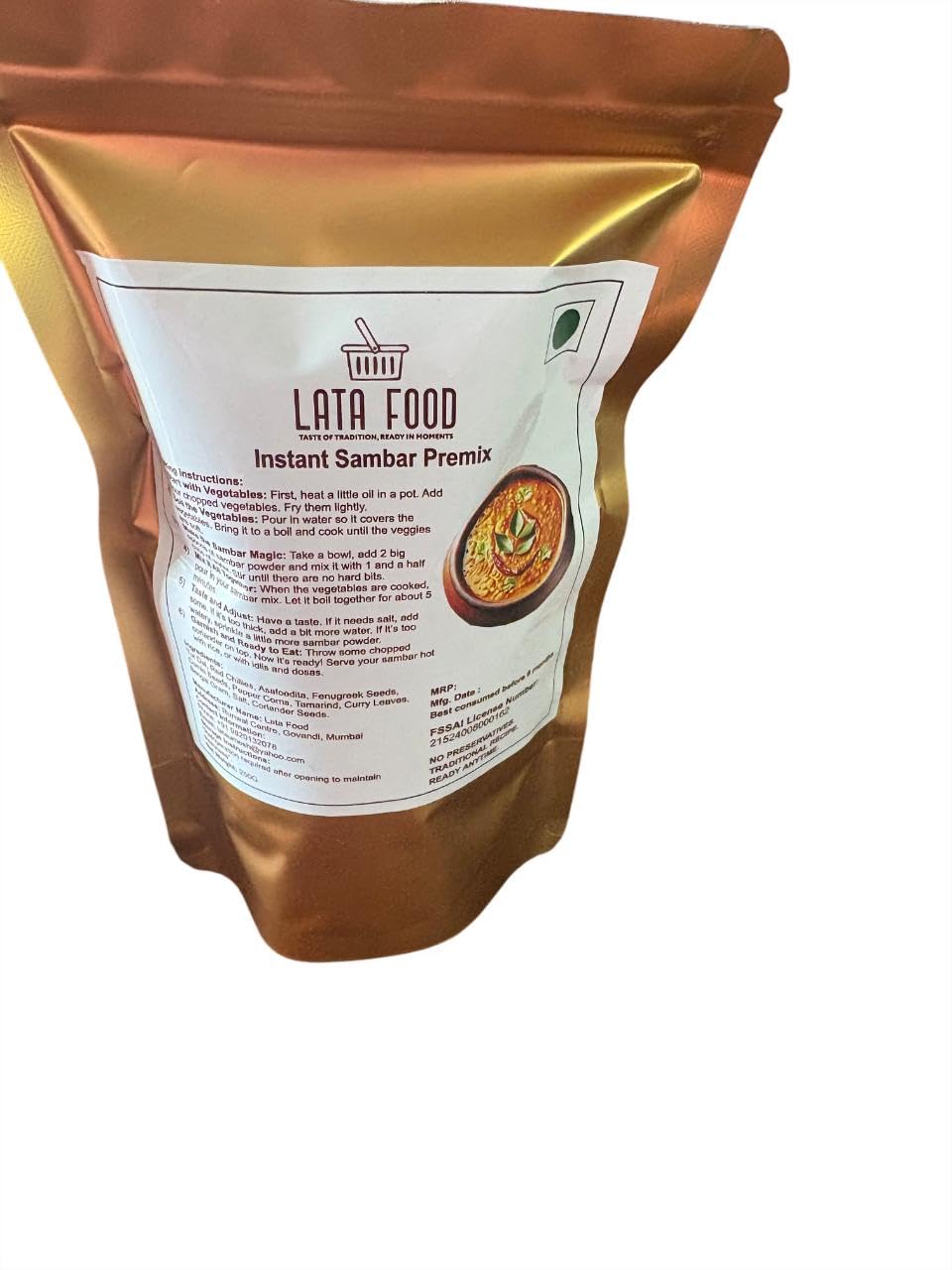 Lata Foods Instant Sambar Mix | Ready-To-Make | No Onion No Garlic | No Preservatives | Gluten-Free | 250g