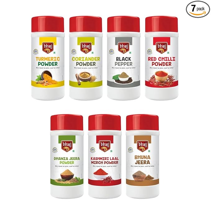 Bhoj Masale Haldi, Dhaniya, Black Pepper, Red Chili , Jeera Dhaniya, Kashmiri Lal Mirch , Bhuna Jeera Masala Powder Combo Pack 450 grams each. Gross Total 3 KG 500 grams ( Net 3150gram) | Daily use Masale For Kitchen. No Onion & No Garlic ( Jain Masale) No Colour & No preservatives.