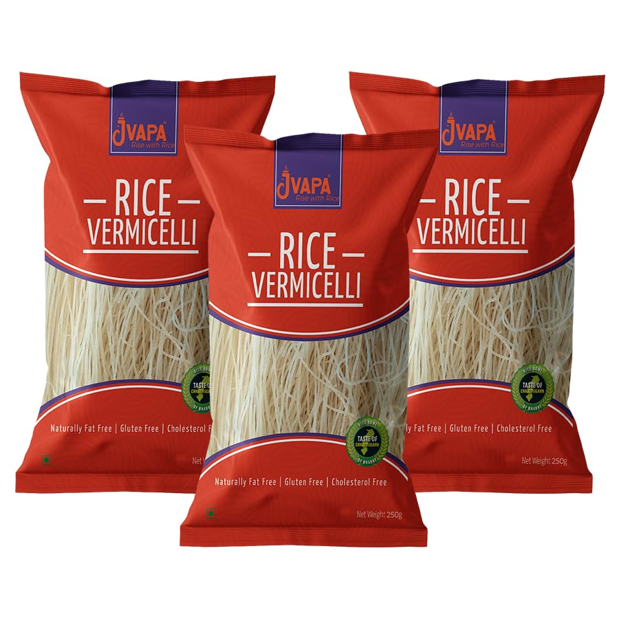 Jvapa Rice Vermicelli (Long Thin Noodles) |Naturally Gluten Free | Cholesterol Free | Naturally Fat Free | Made with 100% Rice -750 gm (250g x Pack of 3)