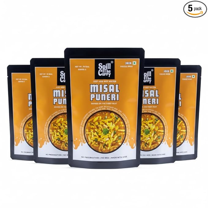SPILL THE CURRY Puneri Misal Jain Ready to Eat | No Onion No Garlic | Authentic Maharashtrian Misal | Freeze-Dried Instant Meal | Pure Ghee, No Preservatives, MSG-Free | Travel & Hostel Friendly | Combo Pack of 5 (55g Each)