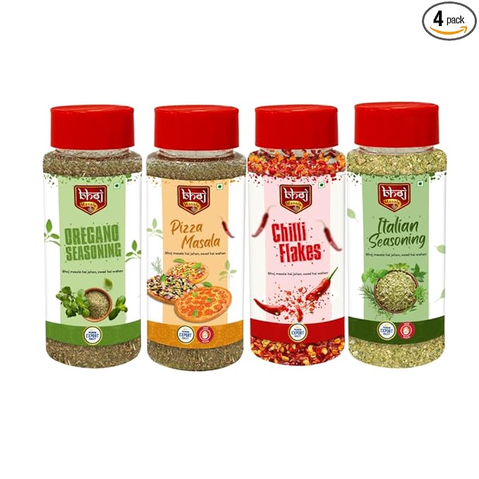 Bhoj Masale Oregano Seasoning + Pizza Masala + Chilli Flakes + Italian Seasoning - COMBO PACK OF 4 Jain Seasonings Sprinklers