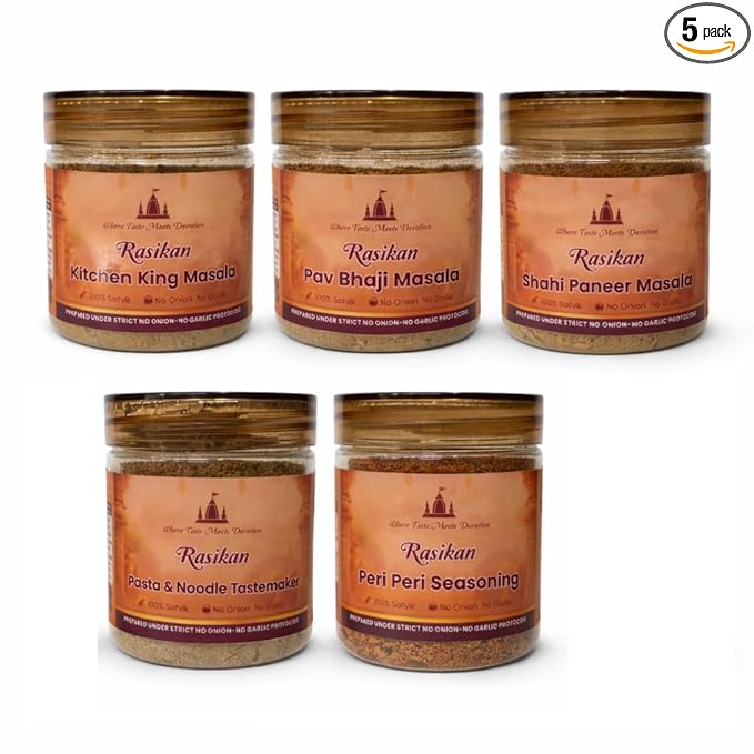 Rasikan Jain Satvik Masala Combo – Peri Peri, Kitchen King, Pasta Noodle, Pav Bhaji, Shahi Paneer(400g) | No Onion No Garlic | Freshly Ground Small Batch Spices | No Added Colour or Preservatives | Perfect for Bhog, Satvik & Everyday Cooking