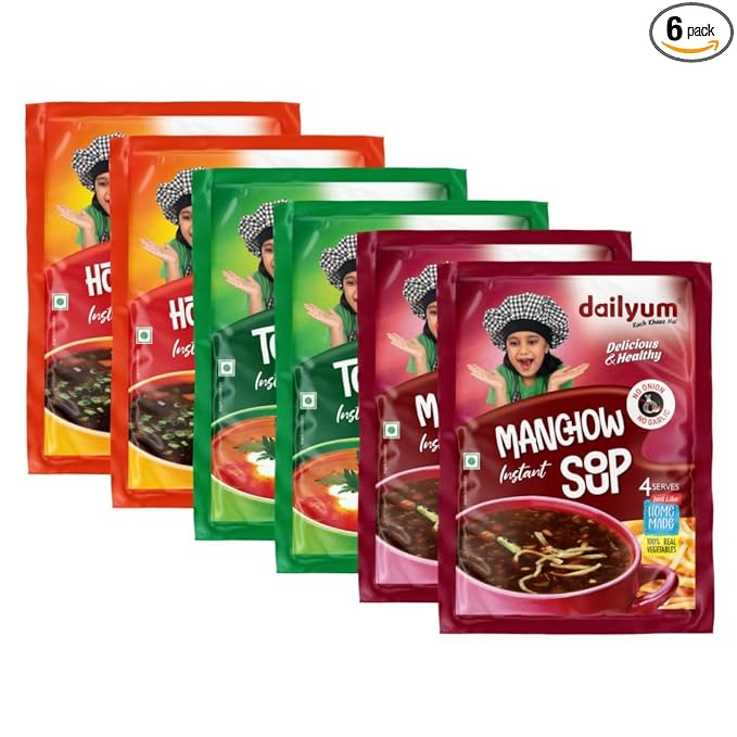 Dailyum Instant Soup Combo Of 6 | No Onion Garlic | 2 Manchow Soup | 2 Tomato Soup | 2 Hot N Sour Soup | Natural | No MSG | Jain | 50g Each
