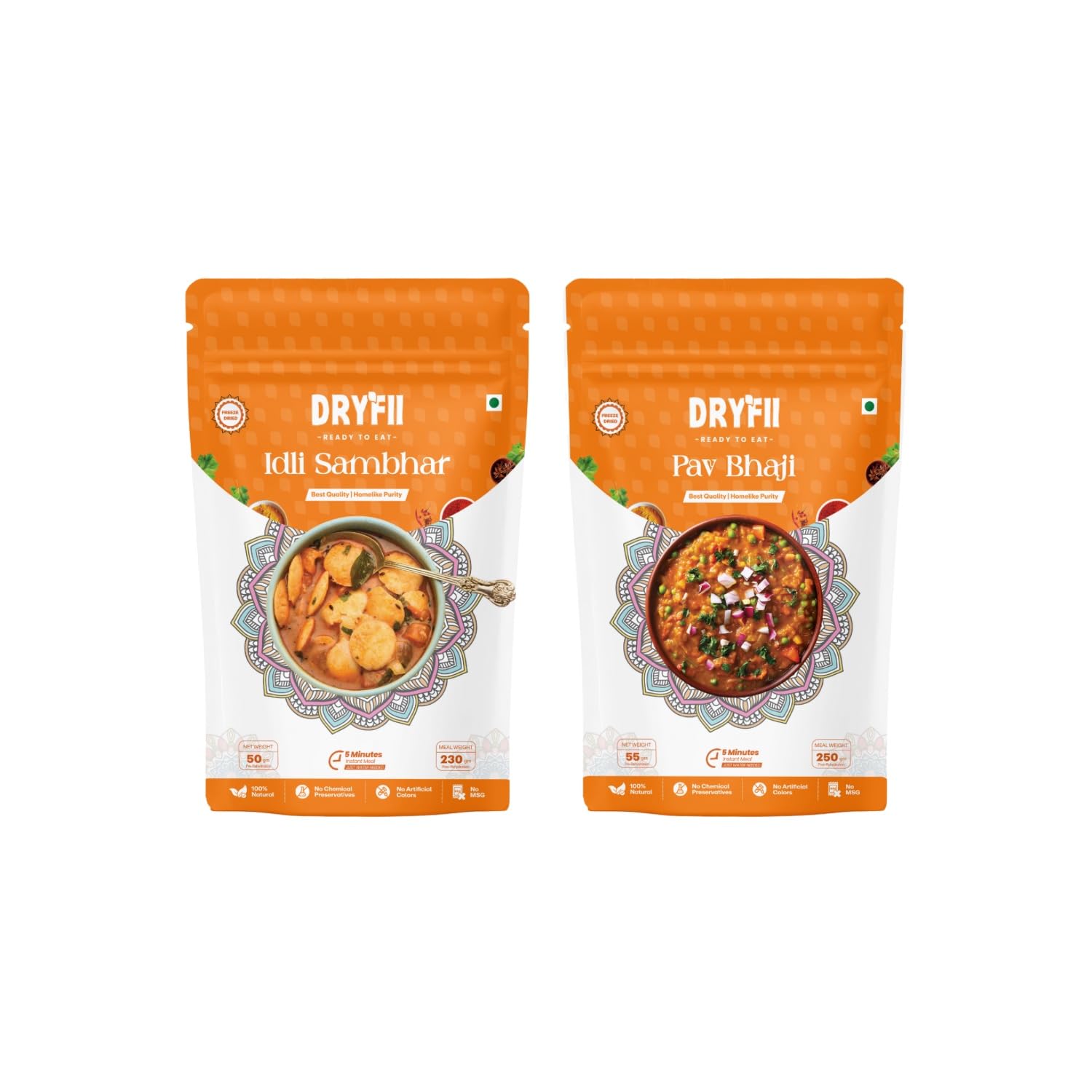 Dryfii Ready to Eat Idli Sambhar | South Indian Instant Breakfast | No Preservatives | Freeze Dried | Healthy & Tasty | Travel Friendly Veg Meal (50g Makes 230g)