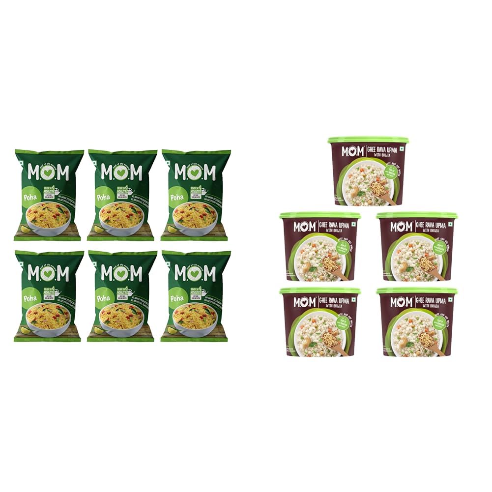 MOM - Meal of the Moment, Poha Pouch, 80/60 gm (Pack of 6) - Ready to Eat | Instant Food | No + MOM - Meal of the Moment, Ghee Rava Upma with Bhujia, 75g (Pack of 5) - Ready to Eat | Instant