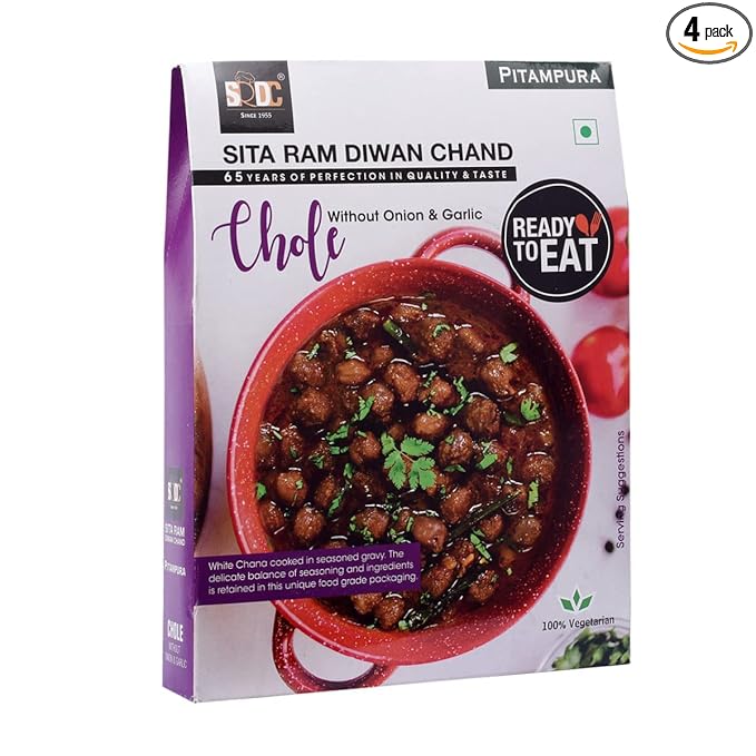 Sita Ram Diwan Chand Ready To Eat Chole Without Onion and Garlic 300 Gram each | No Preservatives | No Artificial Flavors | 100% Natural Ingredients & Vegetarian | Tasty Snacks - Pack of 4