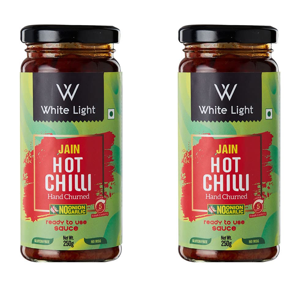 White Light Food Jain Hot Chilli Sauce l Vegan and Natural Ingredients l Ready to Eat Healthy Food (Pack of 2, 250g Each)