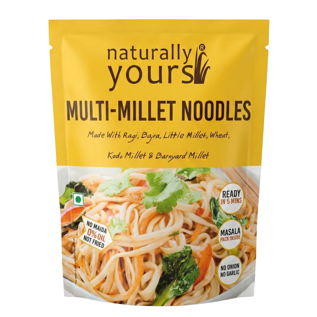 Naturally Yours Multi Millet Hakka Noodles | 6 Supergrains – Ragi, Bajra, Little, Kodo & Barnyard Millet with Whole Wheat | No Maida, Non-Fried, Vegan, Jain Friendly | Tastemaker Inside | 180g Pack