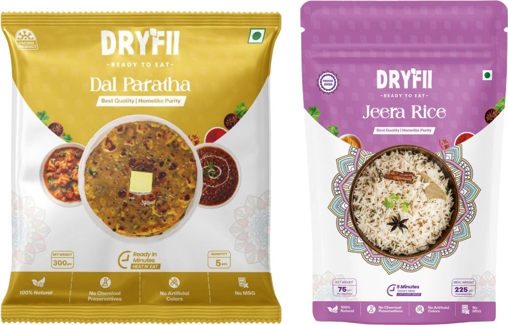 Dryfii Ready-to-Eat Dal Paratha (5 Pcs Parathas) with Jain Jeera Rice | No Onion No Garlic Veg Combo Meal | Pure Vegetarian