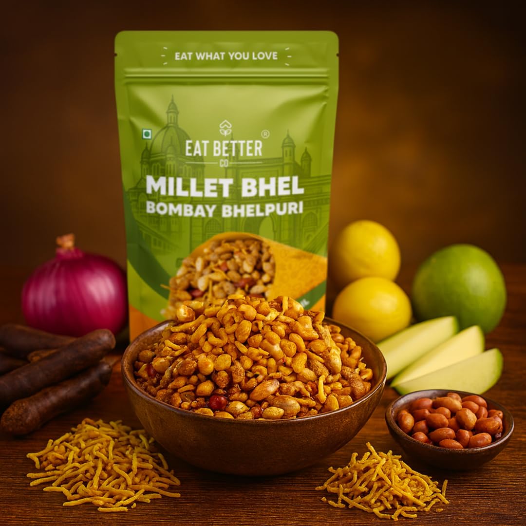 Eat Better Co Millet Bhel – Bombay Bhelpuri | Chatpata Crunchy Healthy Snacks | Roasted Not Fried | No Palm Oil, Zero Trans Fat | Healthy Millet Namkeen (135g)