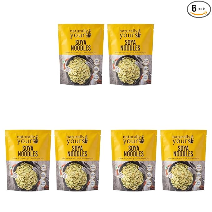 Naturally Yours Soy Hakka Noodles | Soybean & Wheat Protein | No Maida, No Onion No Garlic, Jain Friendly, Vegan, Preservative Free, No MSG | High Protein & Fiber | Tastemaker Inside | 180g Pack of 6