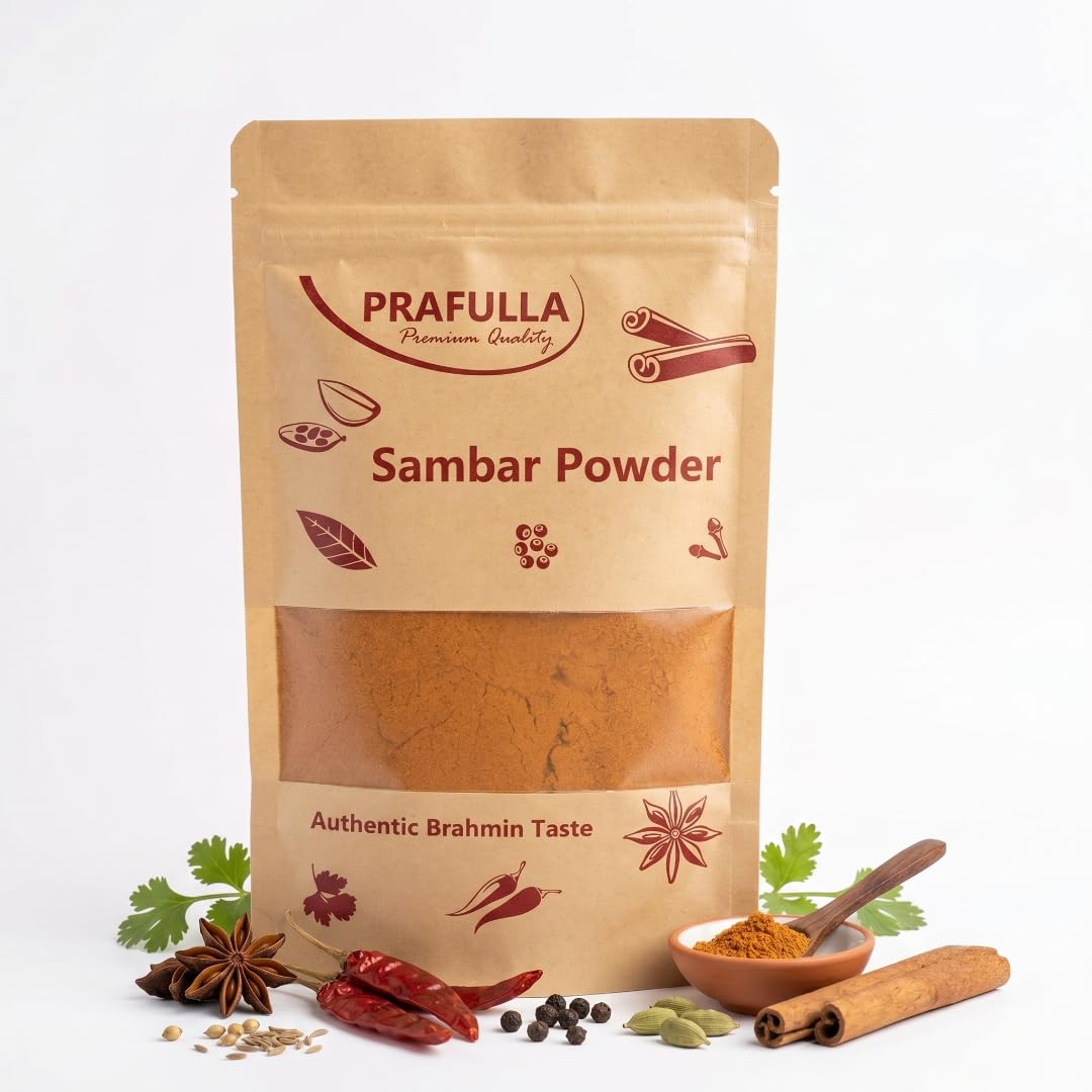 PRAFULLA Sambar Powder | Authentic Brahmin Taste Traditional South Indian Masala | Pure Vegetarian No Onion No Garlic Sambhar Spices Blend | Everyday Curry Cooking Premium Quality