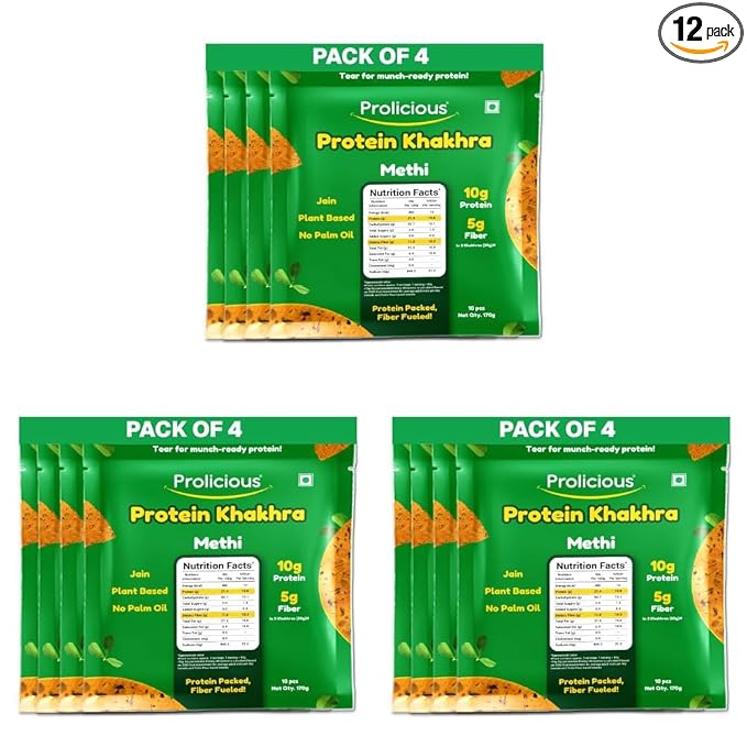 Prolicious Khakhra Methi High Protein Khakhra | Upgrade Your Snacking | 10g Protein + 5g Fibre | Same Crunch, Snack Smarter | Plant Based, Jain | No Palm Oil | 170g (Pack of 12)
