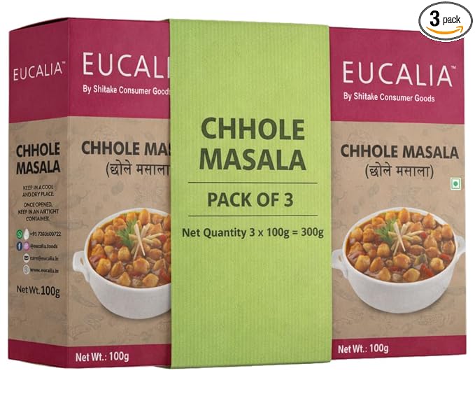 EUCALIA Chhole Masala Pack of 3 (100g) | Perfect for Chickpea Dishes | Tangy, Spicy & Aromatic Authentic Spice Blend for Chole, Chana Masala & Curries | No Preservatives | Sattvik No Onion No Garlic (NONG)