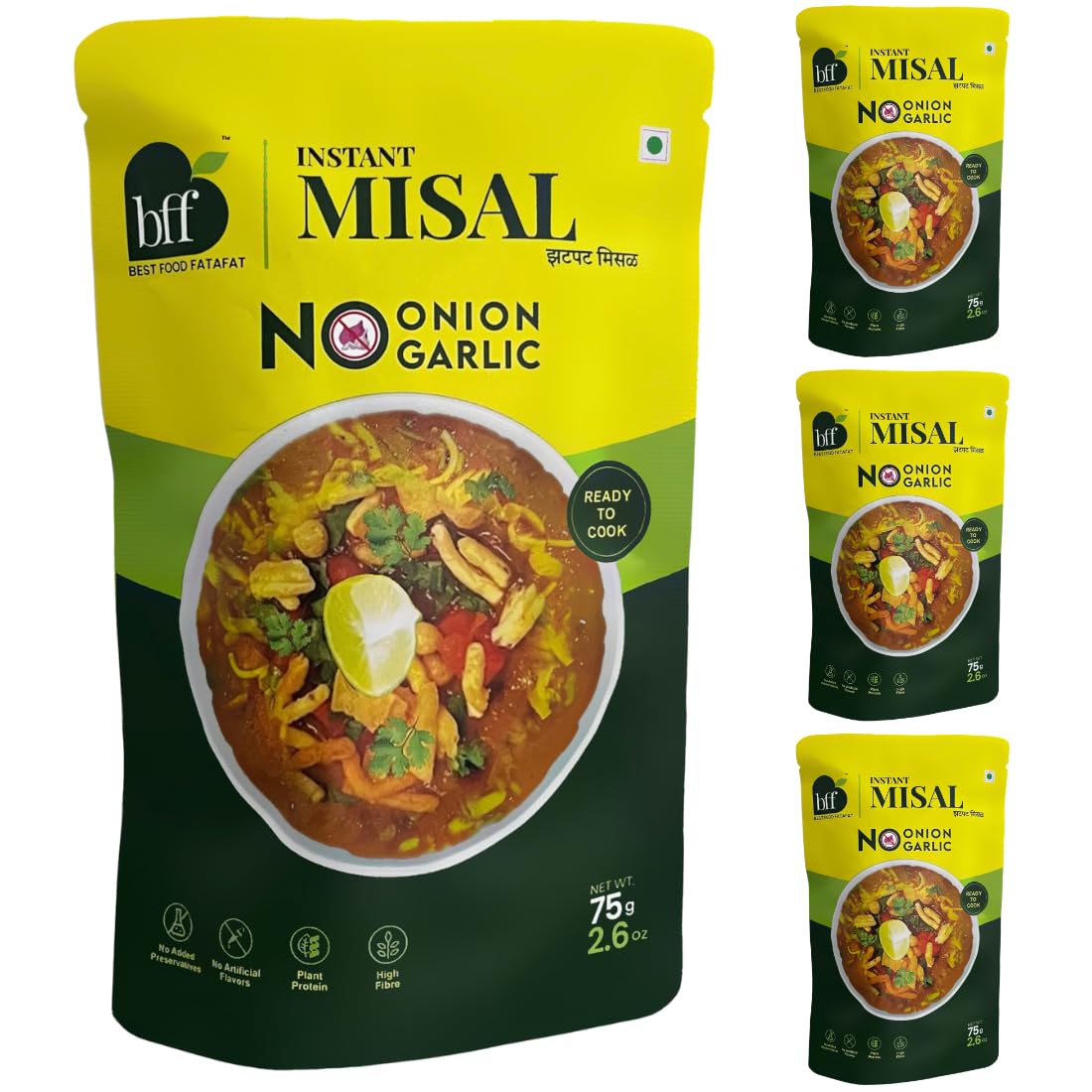BFF Instant Misal - No Onion, No Garlic| Pack of 4 (75g Each) | Spiced Maharashtra-Style Meal | Just Add Water & Heat | Ready in Minutes | Suitable for Breakfast, Lunch, or Snack