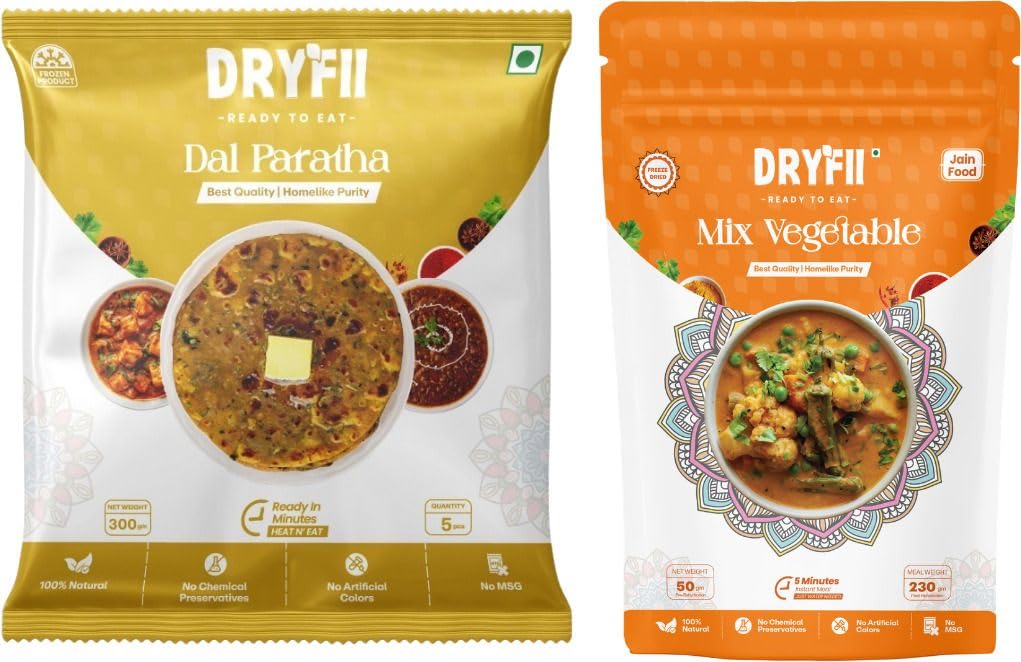 Dryfii Ready-to-Eat Dal Paratha (5 Pcs Parathas) with Jain Mix Veg | Veg Combo Meal | Pure Vegetarian