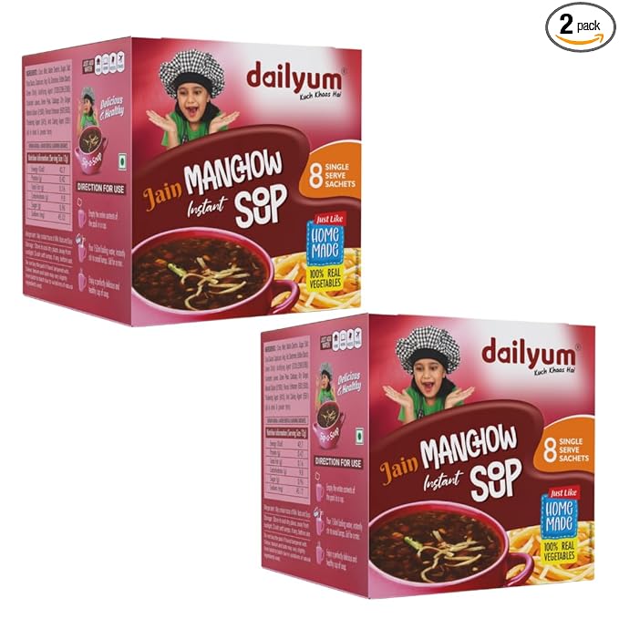 Dailyum Jain Instant Manchow Soup| 8 Single Serve Sachets | Just Boil-Stir-Sip | 12g Each Sip-A-Soup| Natural | No MSG | Pack of 2 Box | Travel friendly