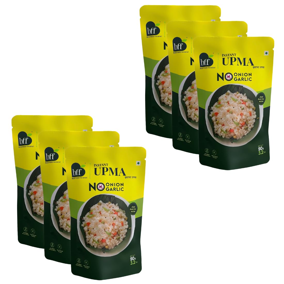 BFF Instant Upma - Pack of 6 (90g Each) | Indian Breakfast Mix | Just Add Water | Made with Semolina & Spices | No Added Preservatives | No Onion, No Garlic
