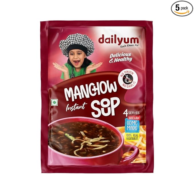 Dailyum Instant Manchow Soup 50g | No Onion No Garlic | Ready To Eat Instant Soup |100% Natural | No MSG | Gluten-free | Serves 4 | Jain | Pack of 5
