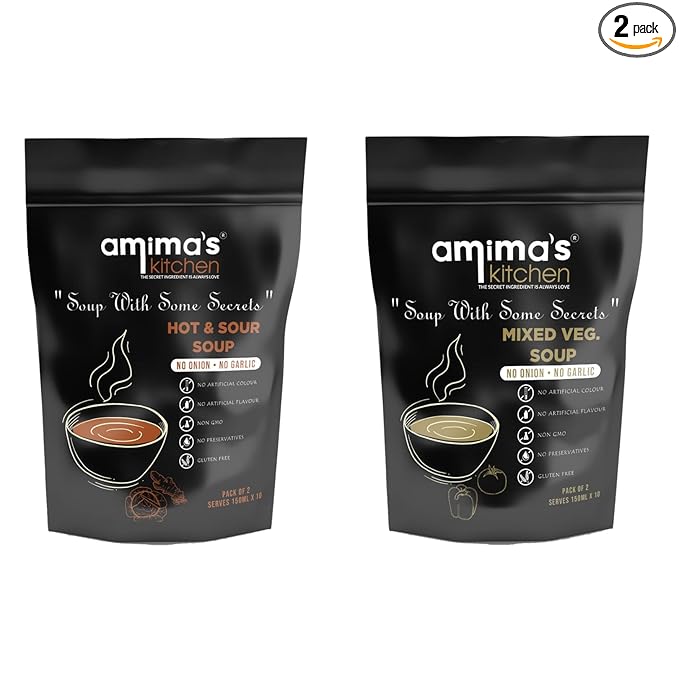 Amima's Kitchen Combo Of Hot & Sour + Mixed Veg. Jain Soup (No Onion No Garlic) - 100 Grams (Pack of 2) | Instant Soup Mix Powder | Ready To Cook | No Artificial Flavour & Colour | Gluten Free | Non GMO | Healthy Soup