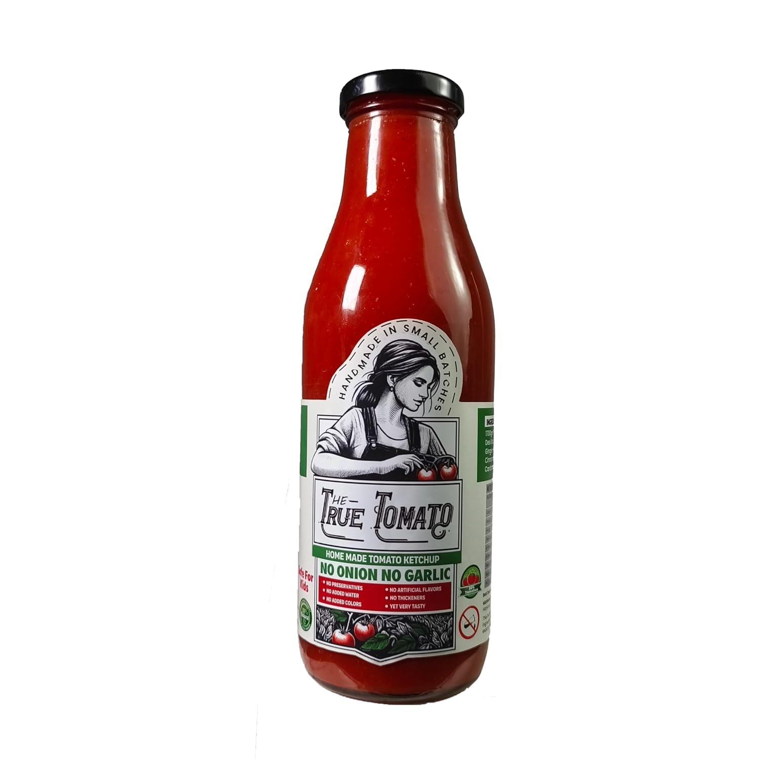 The True Tomato No Onion No Garlic Ketchup | Homemade And Made To Order | 100% Natural | 80% Fresh Tomatoes |No Chemicals, No Added Colors, No Oils, No Preservatives & Thickeners (550 Gram, No Onion Garlic Ketchup)