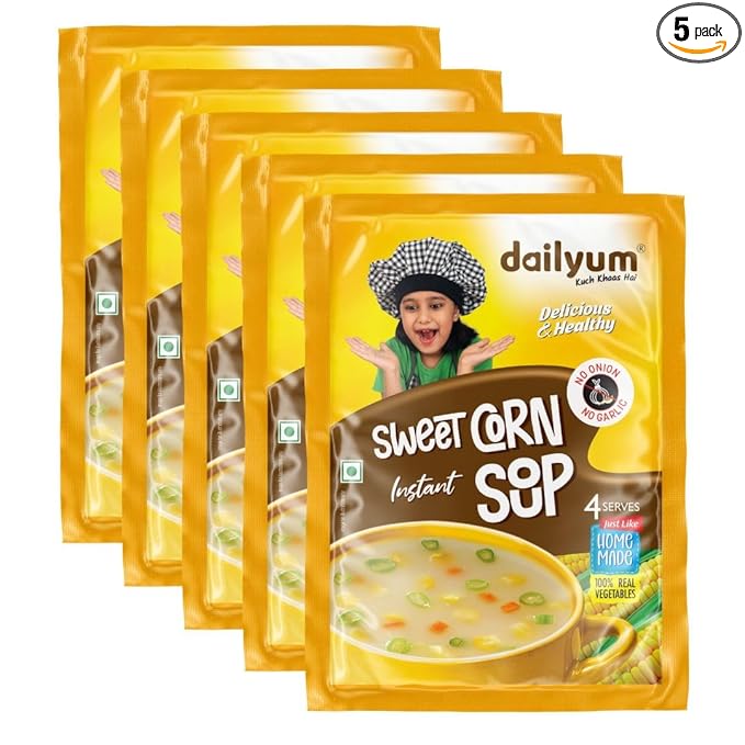 Dailyum Instant Sweet Corn Soup, No Onion No Garlic | Pack of 5 | Ready To Eat Instant Soup |100% Natural | No MSG | Gluten-free | Serves 4 | Jain