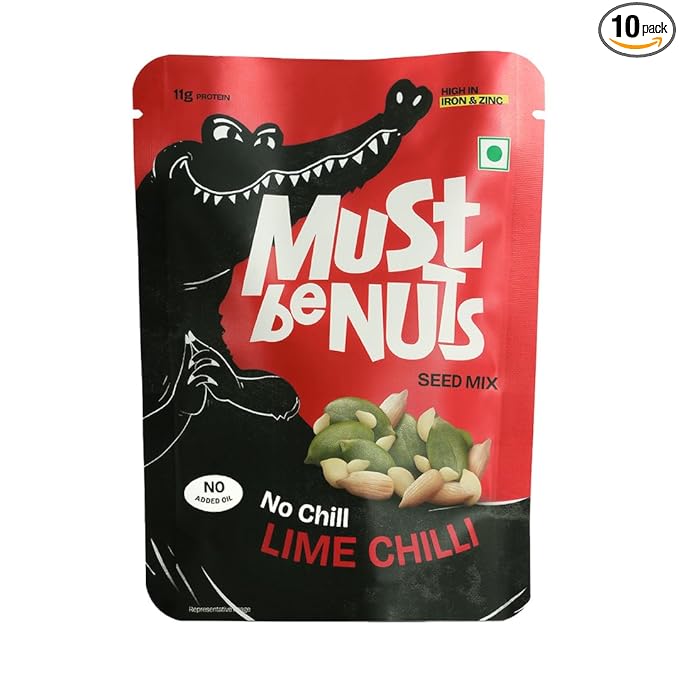 Must Be Nuts No Chill Lime Chilli Seed Mix | Tangy & Spicy Snack | Sunflower, Pumpkin, Watermelon & Sesame Seeds | High Protien Snack | 100% Veg | For On the Go Munch (Pack of 5)