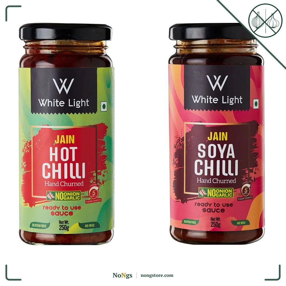 White Light Food Jain Hot Chilli Sauce and Jain Soya Chilli Sauce l Vegan and Natural Ingredients l Ready to Eat Healthy Food (Combo Pack of 2, 250gm Each)
