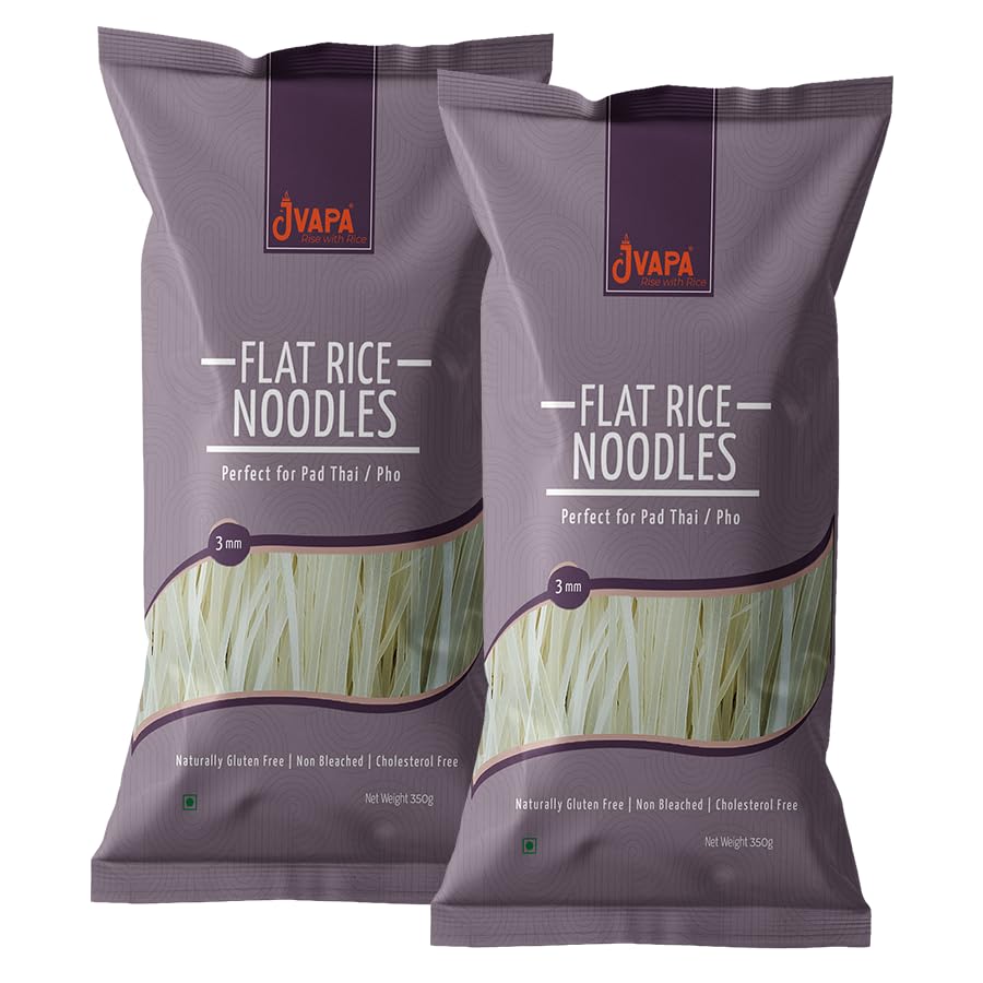 Jvapa Flat Rice Noodles (3mm) - Perfect for Pad Thai/Pho, Naturally Gluten Free, Made with 100% Rice, Non Bleached, No Maida - 700gm (350gm x Pack of 2)