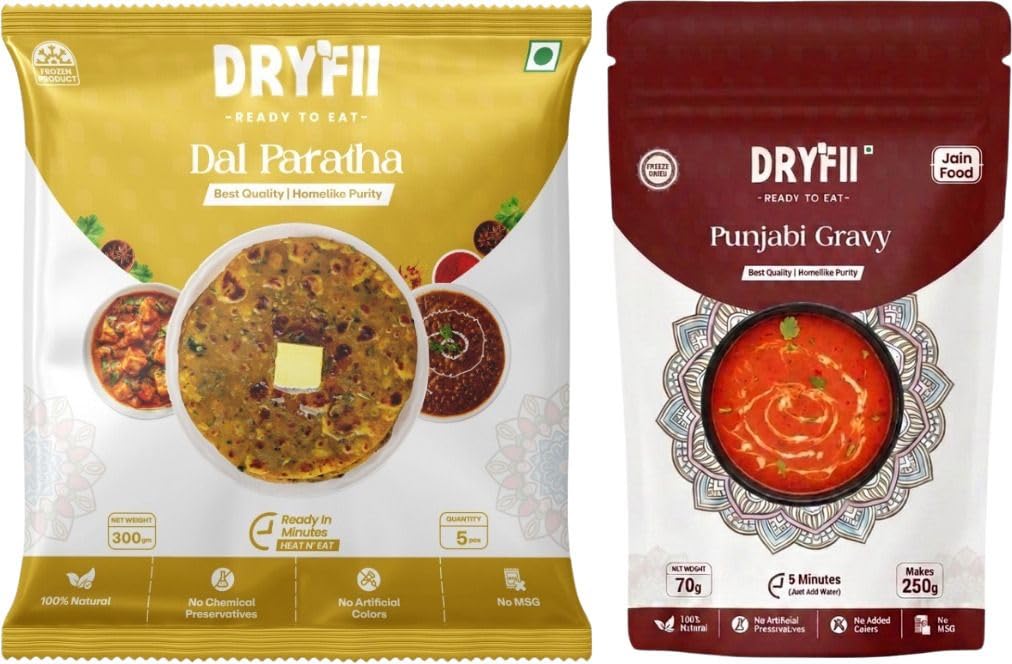 Dryfii Ready-to-Eat Dal Paratha (5 Pcs Parathas) with Jain Red Gravy | Veg Combo Meal | Pure Vegetarian