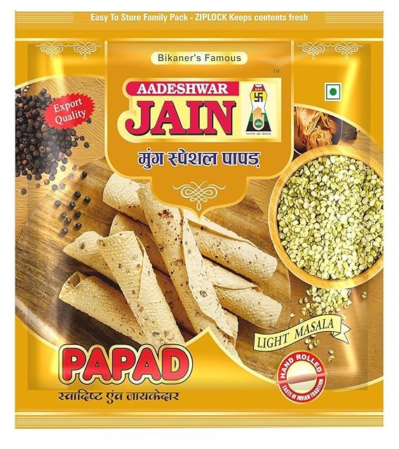 Aadeshwar Jain Moong Papad | Light Masala | Authentic Indian Crispy Papad | Tangy Masala Flavour | Spicy Indian Snack | Ready-to-Serve Crispy Papads (400Gram)
