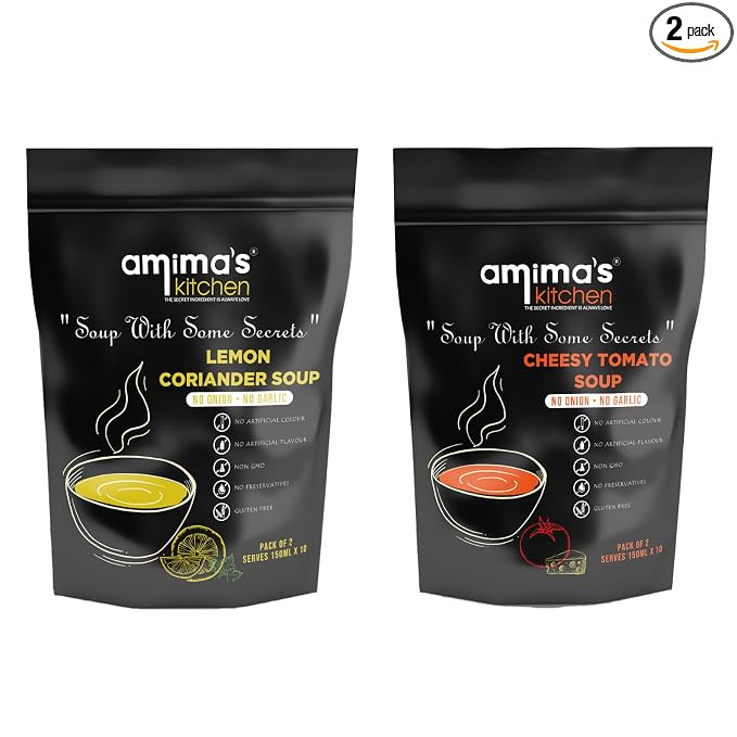 Amima's Kitchen Combo Of Lemon Coriander + Cheesy Tomato Jain Soup (No Onion No Garlic) - 100 Grams (Pack of 2) | Instant Soup Mix Powder | Ready To Cook | No Artificial Flavour & Colour | Gluten Free | Non GMO | Healthy Soup