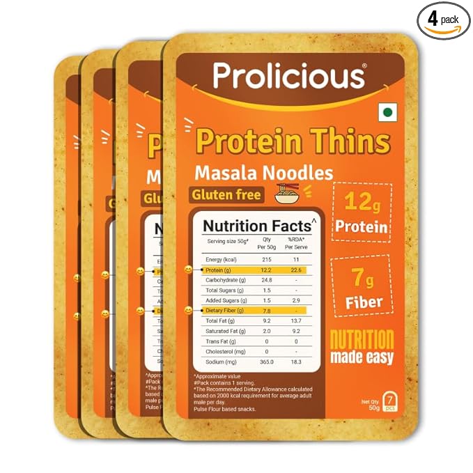 Prolicious High Protein & High Fiber Masala Nooodle Chips | Gluten Free | No Maida | Healthy Snack | Easy to Carry | Jain | 50g each, Pack of 4