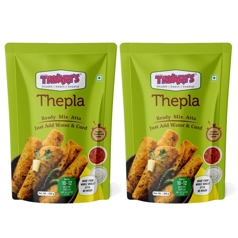 Tiwari’s Thepla Paratha/Poori Ready-To-Use Atta Mix | 100% Vegetarian, Vegan Instant Healthy High Protein & Fiber Flatbread Mix With No Preservatives, No Onion & Garlic | 300gm, Pack of 2