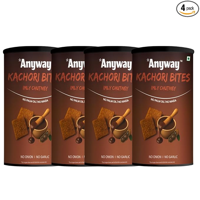 Anyway Kachori Bites Imly Chutney | No Maida No Palm Oil | Multigrain Snack | Kota's Bold Street Kachori in a Pack | Sweet Tangy Flavour | No Onion No Garlic | | Anytime Snack (120g - pack of 4, Imly Chutney flavor)