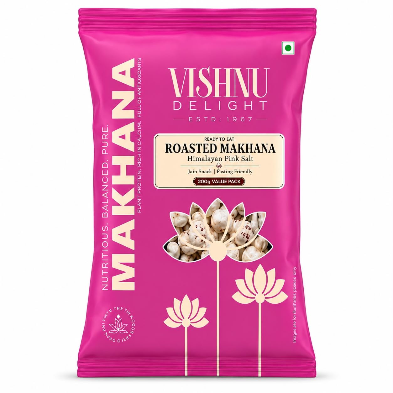 Vishnu Delight Roasted Makhana, Himalayan Pink Salt | Light & Crunchy Roasted Foxnuts (Phool Makhana) | Roasted Not Fried, Jain Friendly, Ready To Eat Snack | 200gm (Pack of 1)